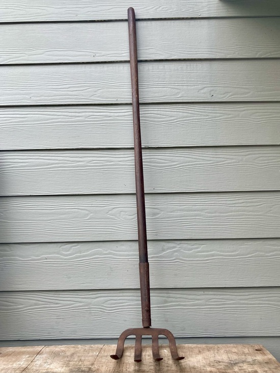 Vintage Other - Vintage Farming Tool Wood Handle Manure Drag Rake 4 Tine Stamped Dorcy